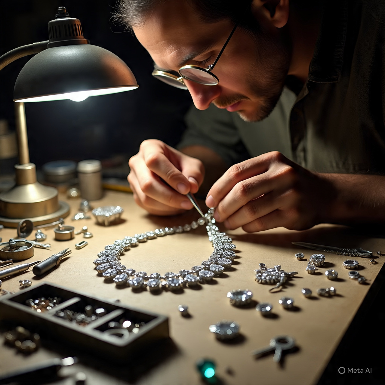 Custom jewelry design process with craftsman working on bespoke pieces