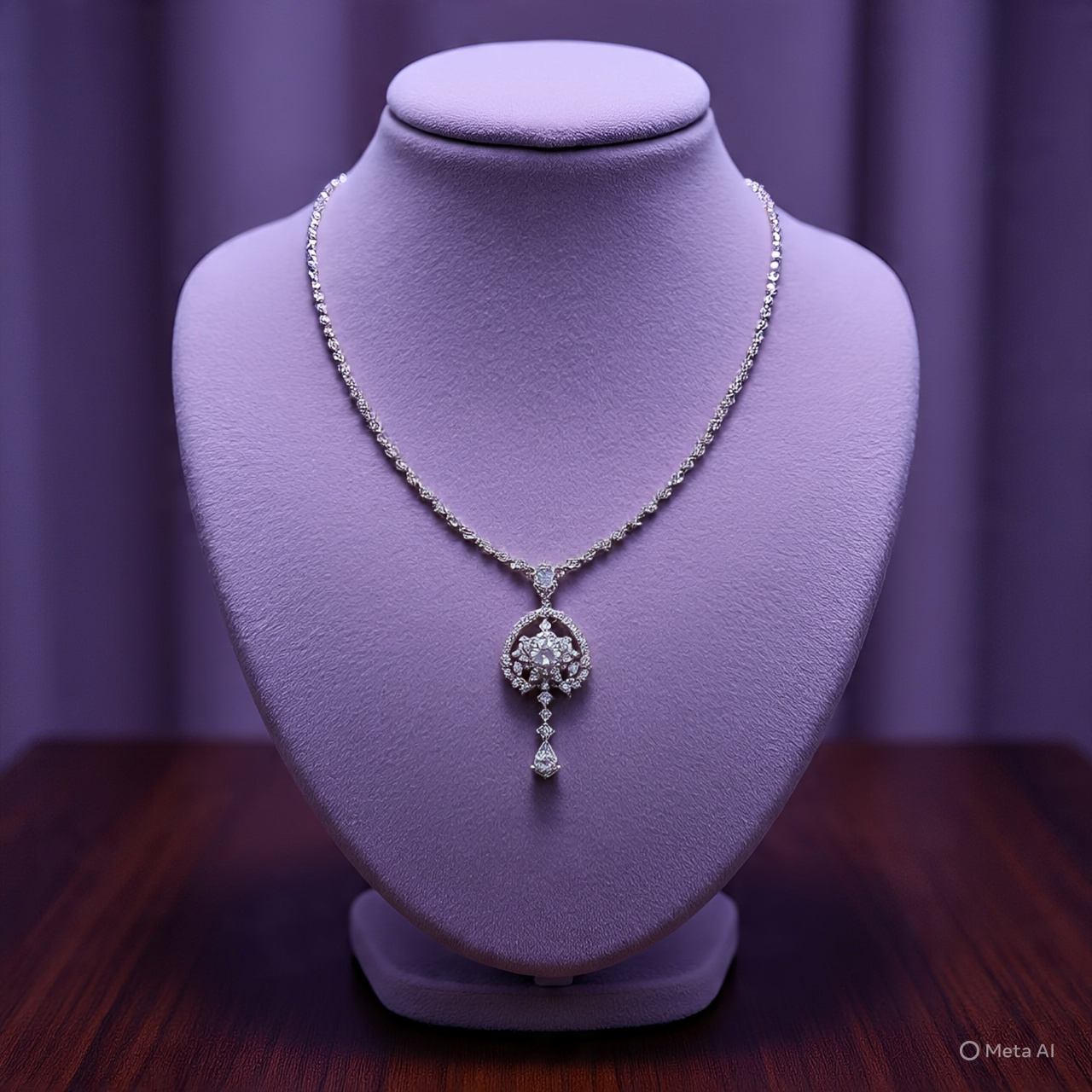 Elegant diamond jewelry on luxury display with lavender lighting